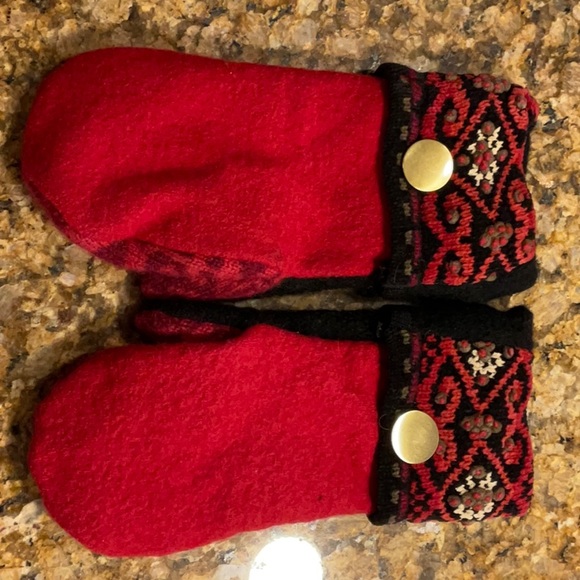 Wool mittens, red with black detailing and gold button. 10” x 4.5”. - Picture 2 of 2